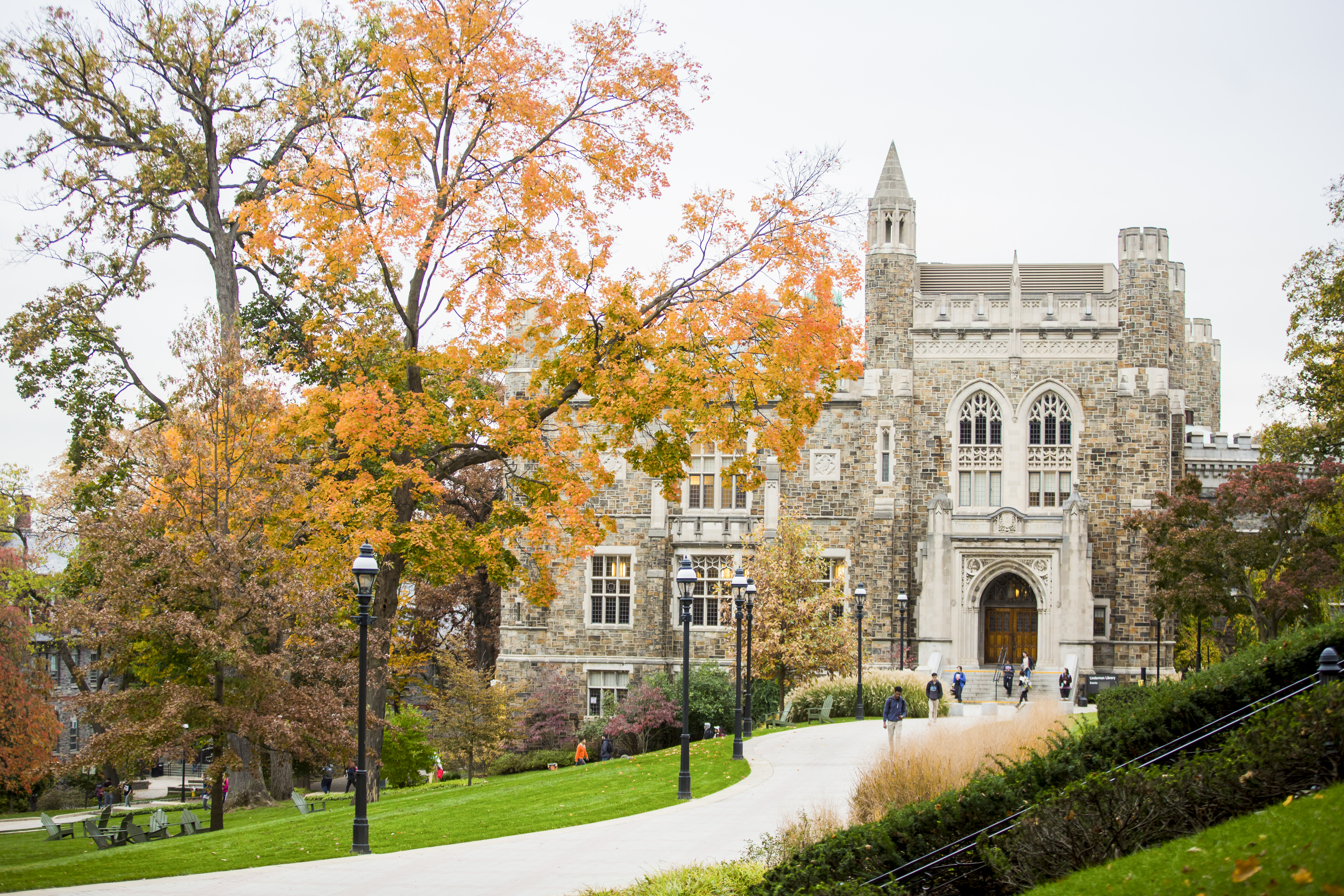 Linderman Library, home of Lehigh University Press, with fall foliage.