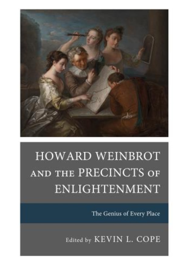 Book cover with paiting of enlightenment figures looking at a map