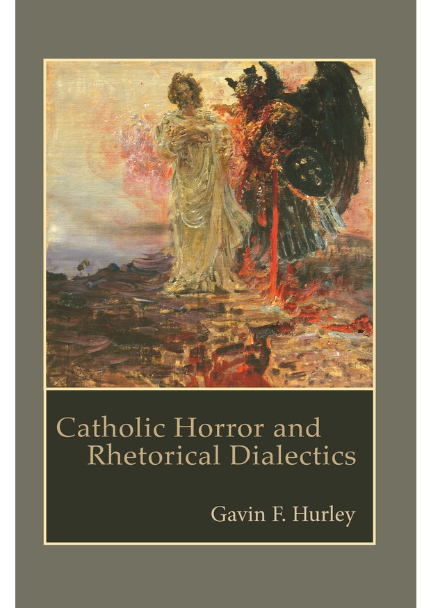 Winged and armored satan behind Jesus in white gown above barren ground with lava flows.