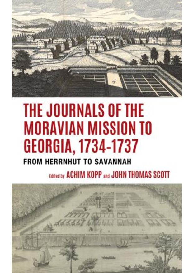 Cover of Journals of the Moravian Mission showing etching of port with ships and settlement.