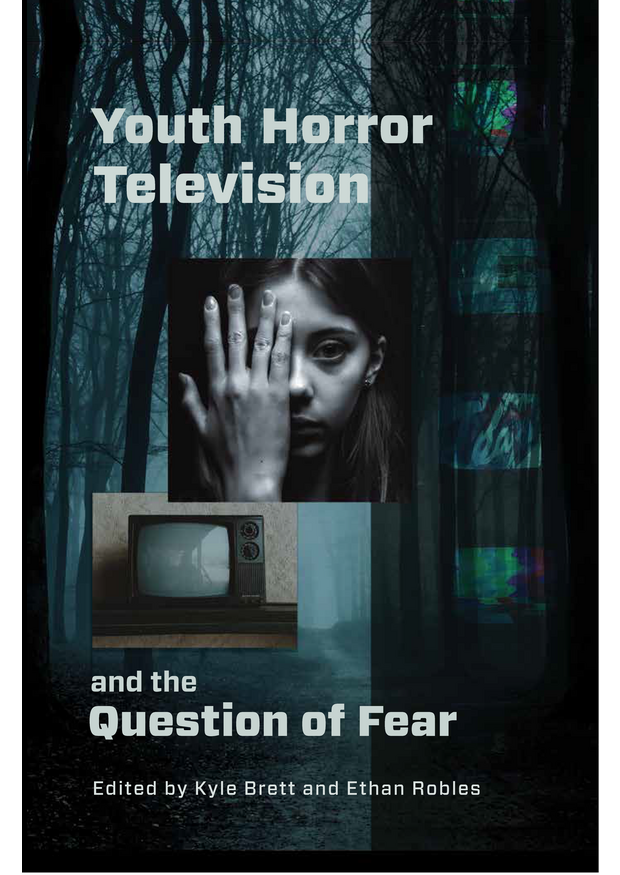 Headshot of woman peering behind spread fingers, superimposed on spooky trees and a retro television.